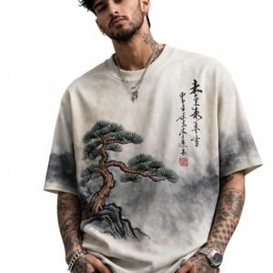 FORCE Men's Modern Cotton 3/4 Sleeve Round Neck Graphic Printed Oversized Tshirt White, Dark Green