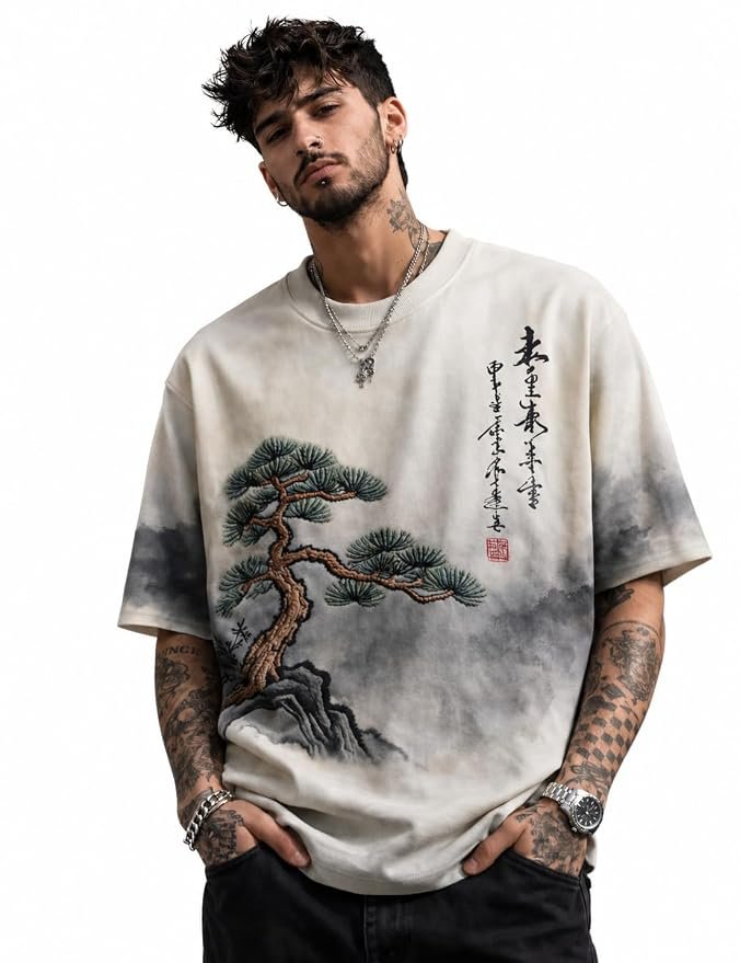FORCE Men's Modern Cotton 3/4 Sleeve Round Neck Graphic Printed Oversized Tshirt White, Dark Green